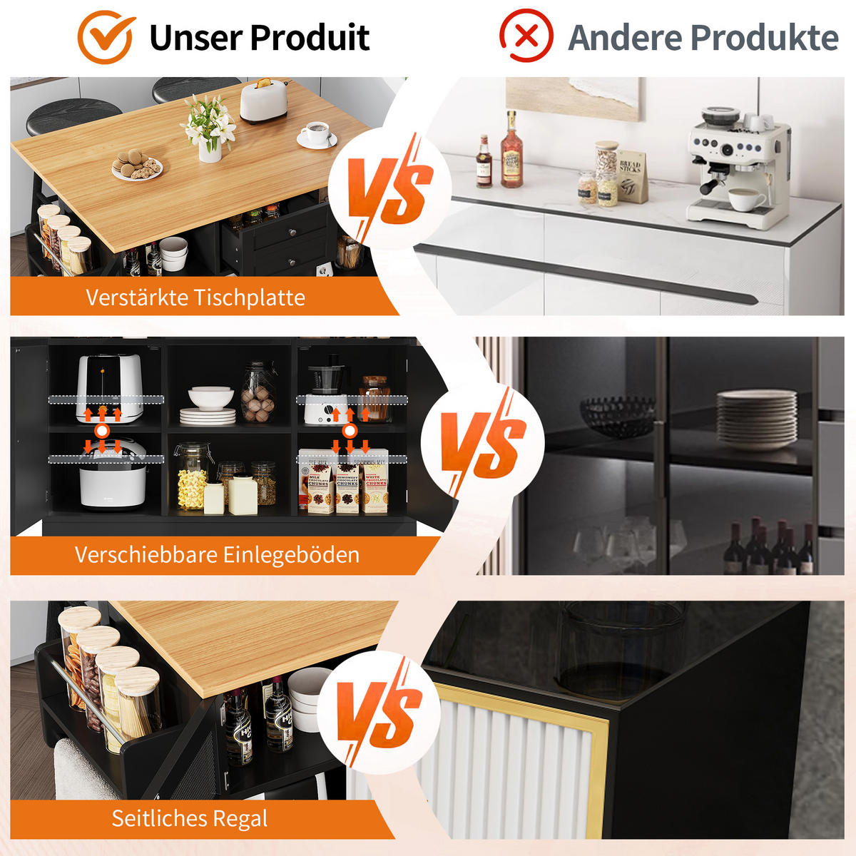 KÜCHENINSEL 140/40/93,5 cm schwarz mit klappbaren Seitenplatten - Schwarz, Holzwerkstoff (140/93.5/40cm) - OKWISH