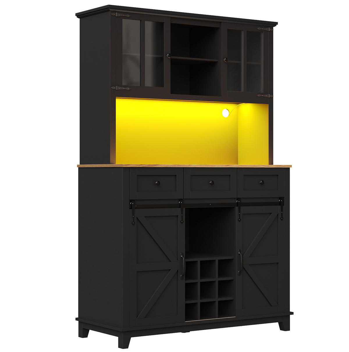 BUFFETSCHRANK 105/38,4/180 cm aus MDF mit LED-Beleuchtung, Schiebetür im Scheunenlook und verstellbaren Ablagen, Schwarz - Schwarz, Holzwerkstoff (105/180/38.4cm) - Redom