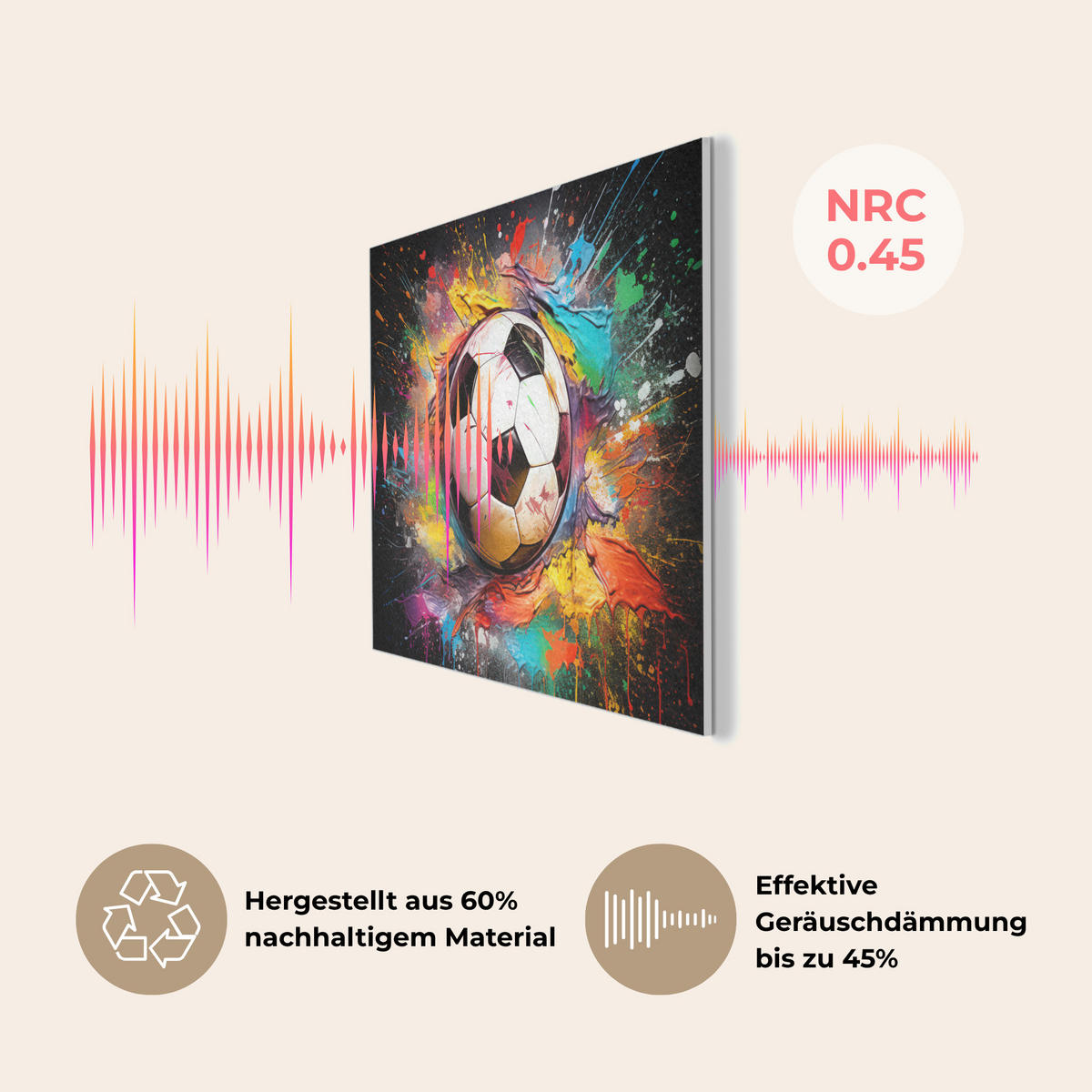 AKUSTIKPANEEL Fußball - Farbe - Farben - Schwarz - Weiß 80x60 cm - Weiß, Textil (80/0.9/60cm) - MuchoWow