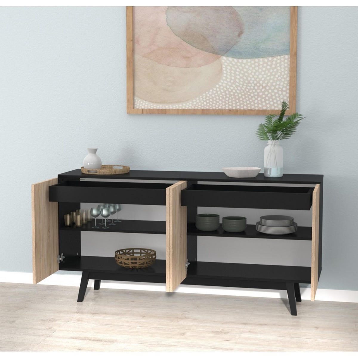 SIDEBOARD HOME mit Türen Schubladen/ Schwarz und Eiche gebleicht - Multicolor, Holzwerkstoff (160/80/42cm) - Weber Industries