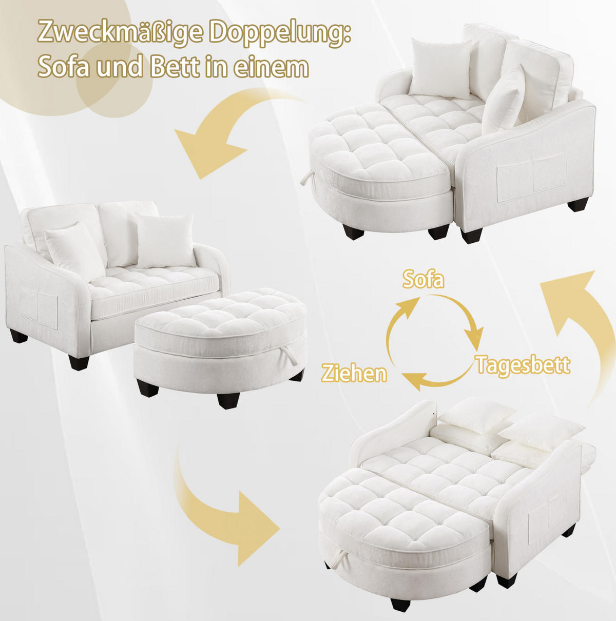 SCHLAFSOFA 132/129/93 cm aus Eukalyptusholz mit Aufbewahrungshocker Beige - Beige, Holz (129/93/132cm) - Modenvie
