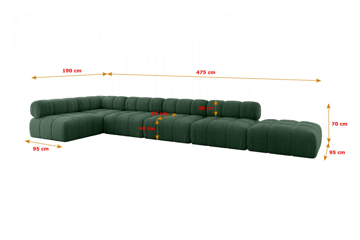 ECKSOFA modulares Sofa Favio-L3 - 475x190x70 cm Grün Cord - Grün, Holzwerkstoff/Textil (475/190cm) - ALTDECOR