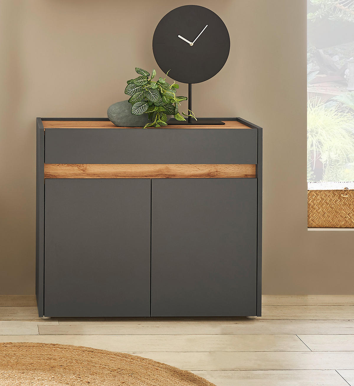 FLURKOMMODE grau matt, Eiche Wotan 80 cm, Schuhschrank mit Schubkästen - Silberfarben/Eiche Wotan, Holzwerkstoff/Kunststoff (80/70/40cm) - Furn.Design