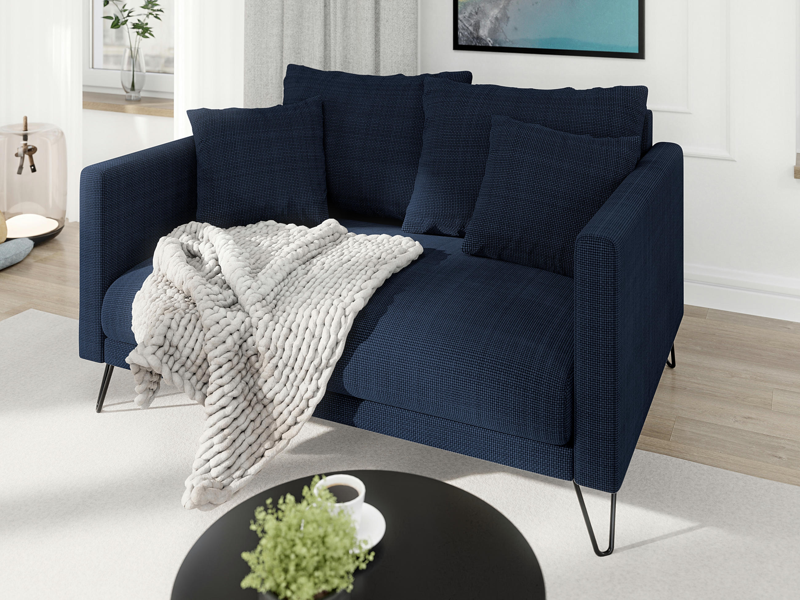 2-SITZER-SOFA Harmony Marineblau Chenille - Schwarz/Dunkelblau, Holz/Textil (140/85/100cm) - S-Style Möbel