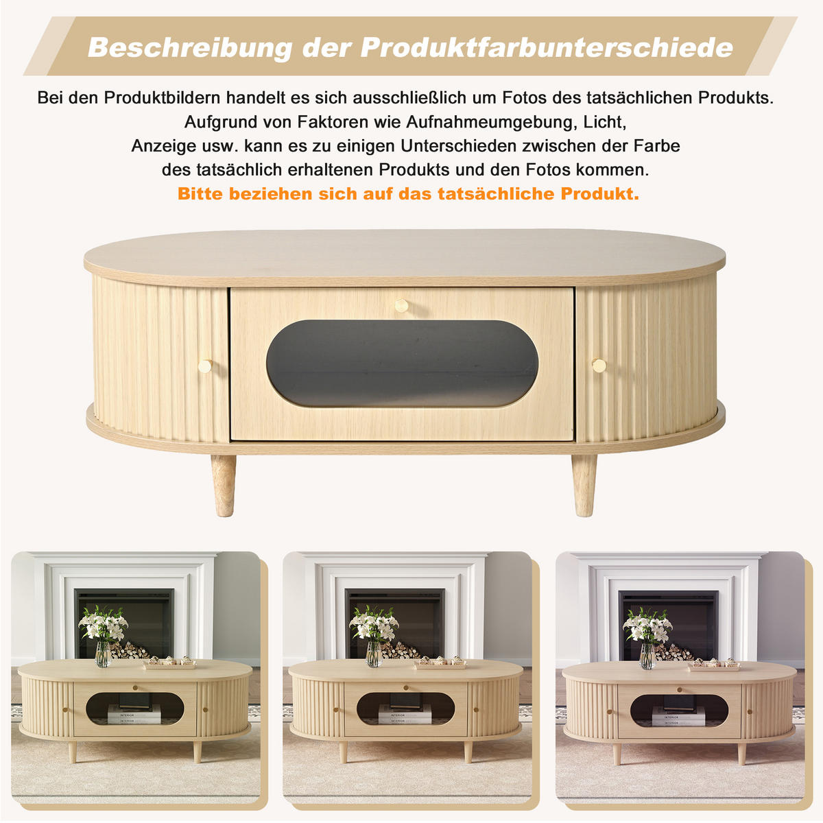 COUCHTISCH in Eichefarben Sofatisch mit Schublade und Rolltür, Sofa- und Beistelltisch mit 4 Stützbeinen, B100/T50/H36cm - Eichefarben, Glas/Holzwerkstoff (50/100/36cm) - STILVORA