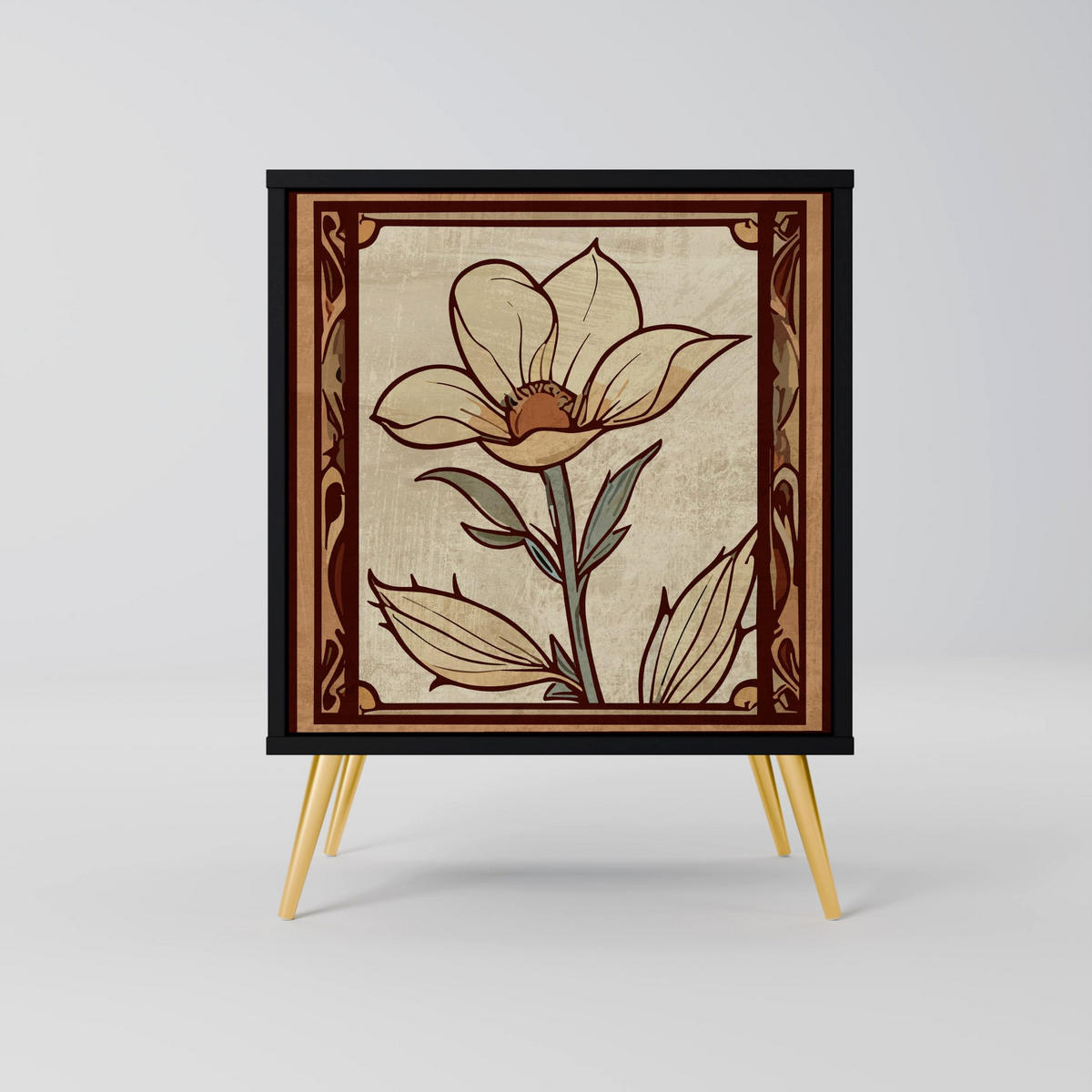 SIDEBOARD TIMELESS FLORA, Schwarz, 57,5x42x70,5 cm, Schwarze Metall-Sternfüße - Multicolor/Schwarz, Holzwerkstoff/Metall (57.5/70.5/42cm) - SpaceRebels