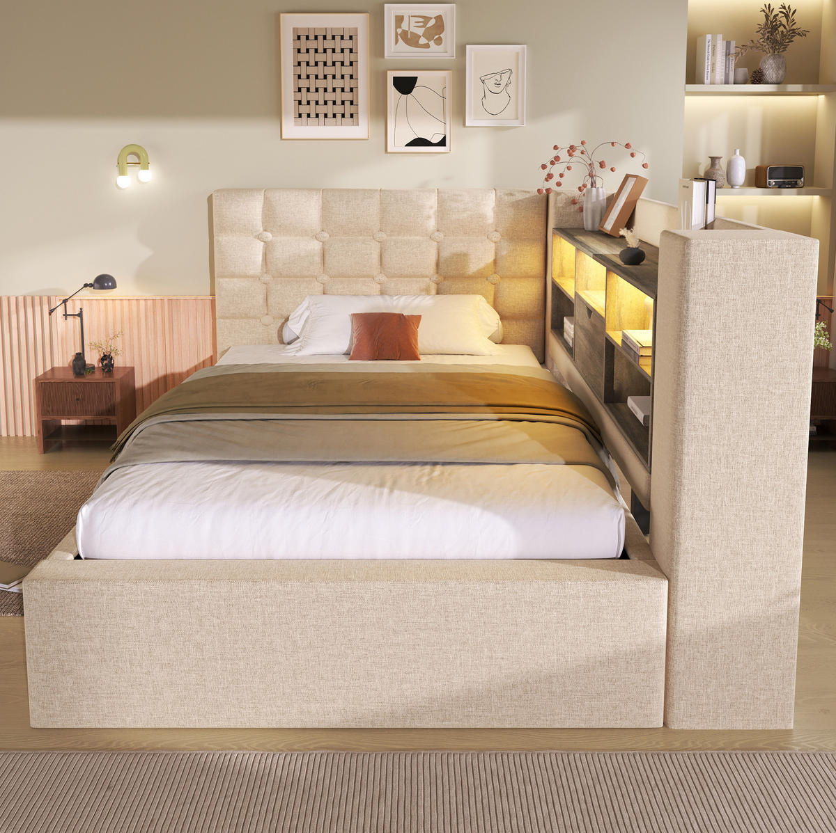 BETT mit Stauraum und LED 90x200 cm Leinen Beige - Beige, Metall (90/200cm) - Meubliv