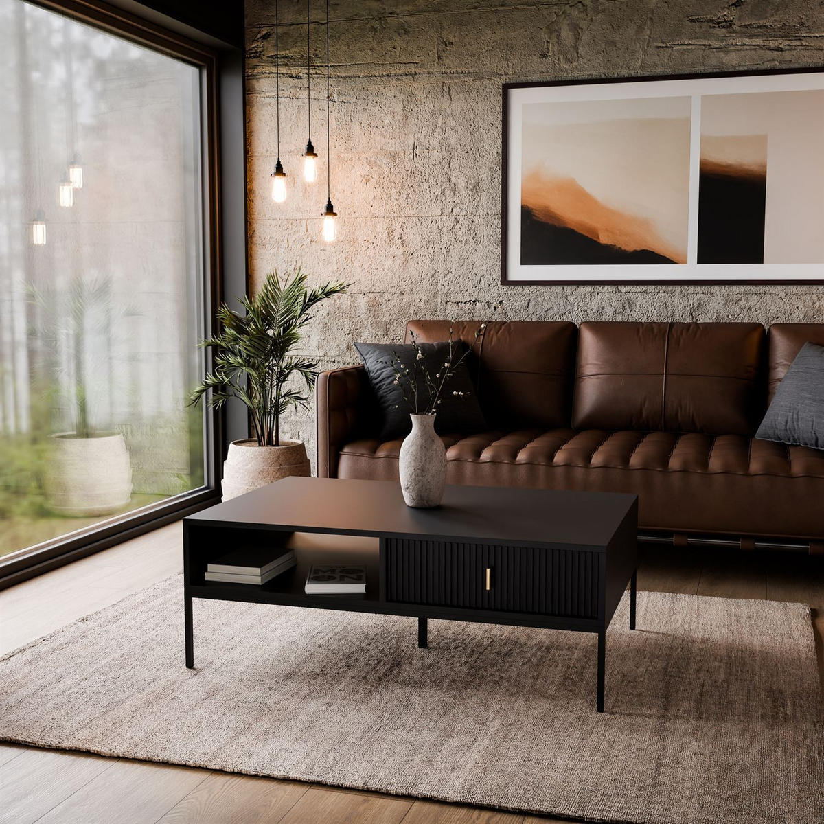 COUCHTISCH MIDNIGHT mit Schublade auf Gestell schwarz - Schwarz, Holzwerkstoff (68/104/39cm) - Lookway