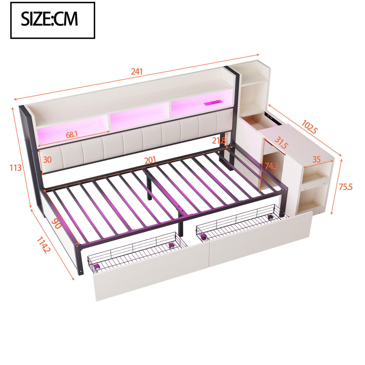 POSTEL s psacím stolem, 90/200 cm, kov a dřevo, bílá, s úložným prostorem a zásuvkami - bílá, kov (90/200cm) - BEAOK