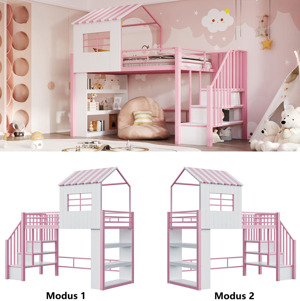 HOCHBETT 90x200 cm in Rosa mit Stauraumtreppe und Regal - Pink, Holzwerkstoff (90/200cm) - IVMEU