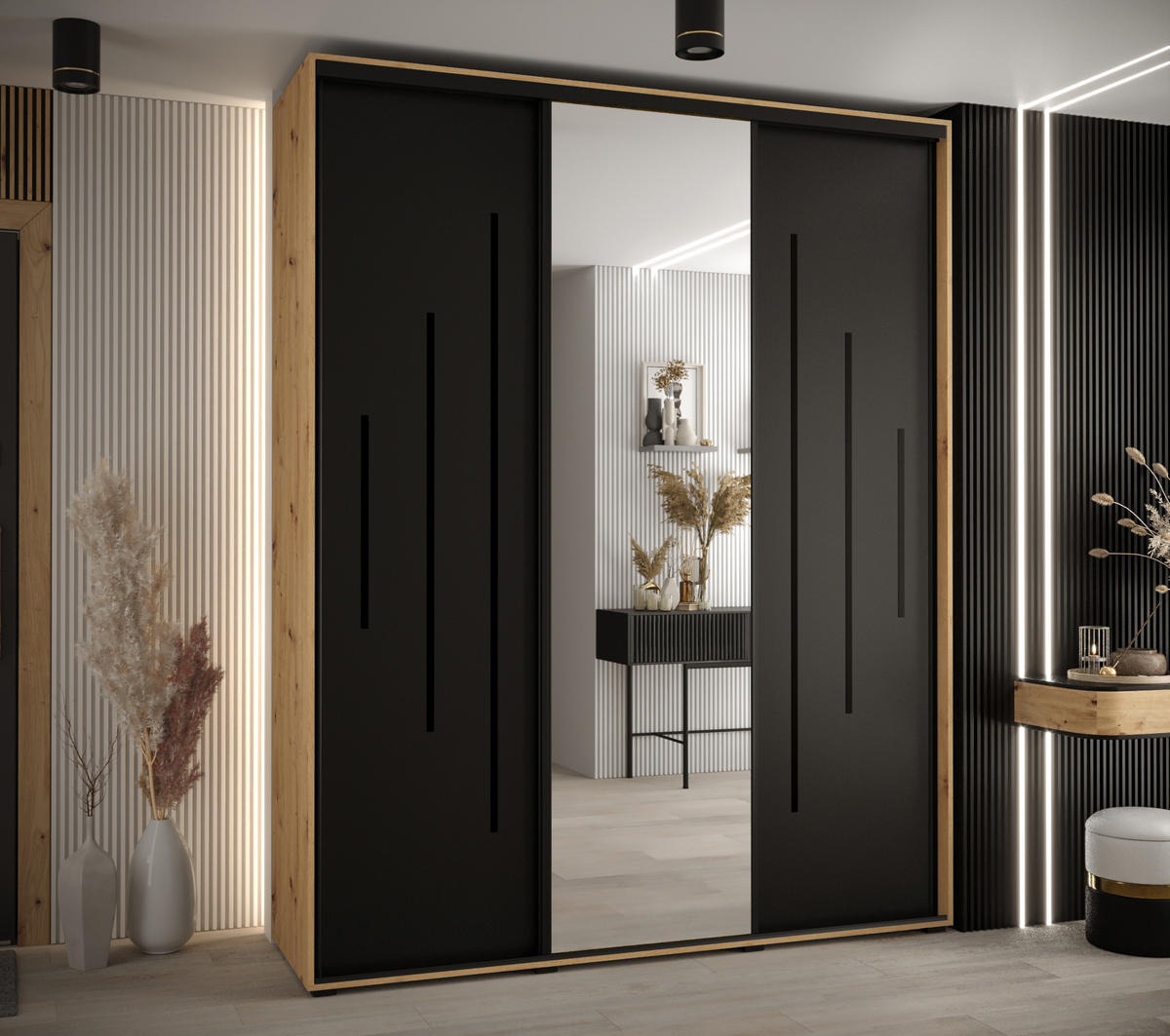 SCHWEBETÜRENSCHRANK 235,2/200/60 3-türig - Schwarz/Eiche Artisan, Holz/Metall (200/235/60cm) - Abiks Möbel