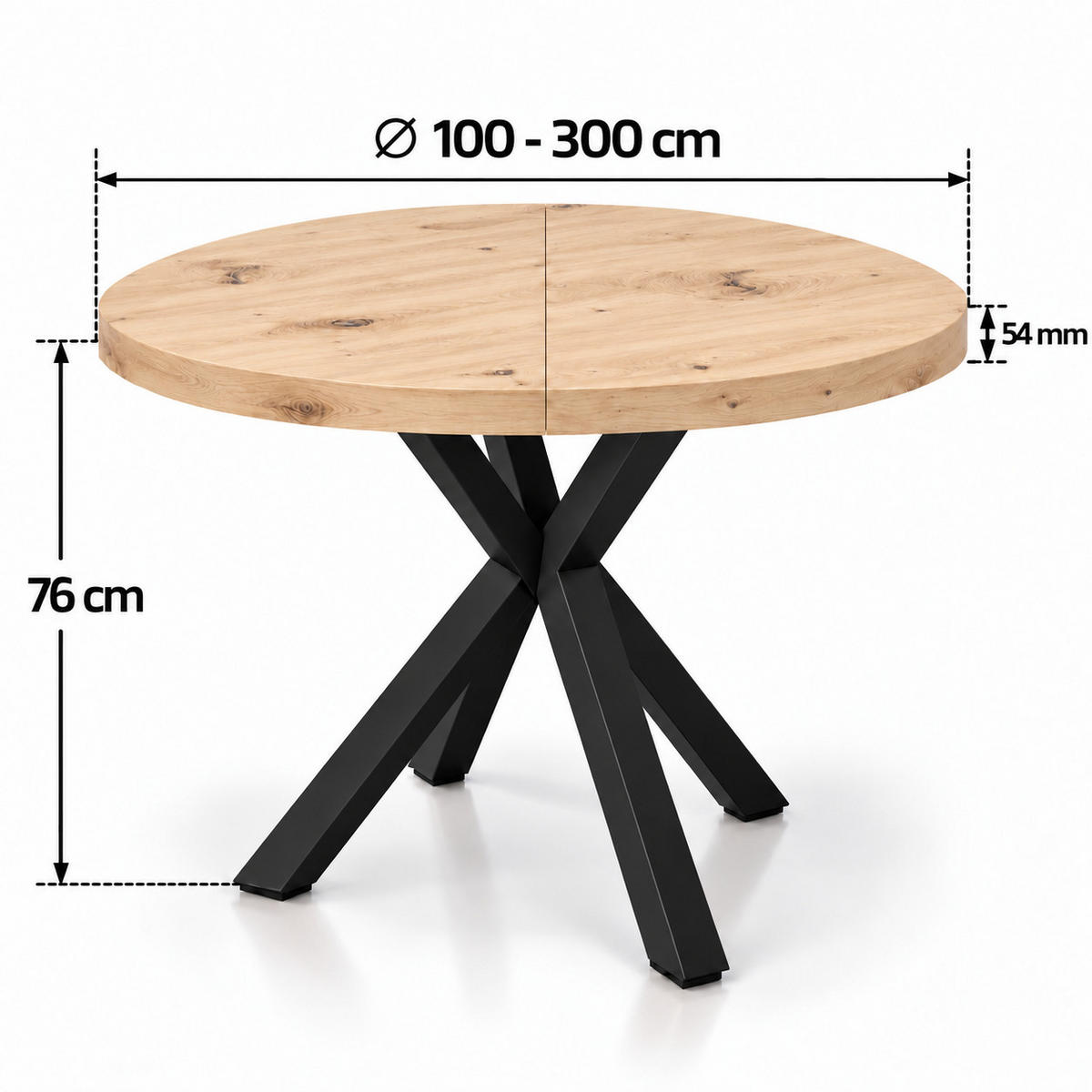 ESSTISCH rund ausziehbar 100/300/76 cm, Artisan Eiche, 54 cm Tischplatte + X Metallbeine Schwarz - Schwarz/Eiche Artisan, Holzwerkstoff/Metall (100/300/76cm) - Damale Möbel