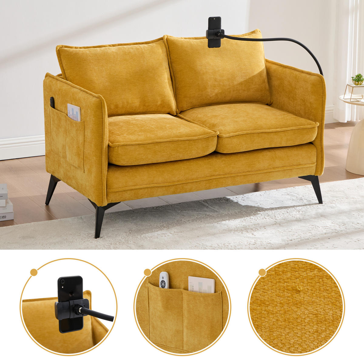 2-SITZER-SOFA aus Chenille 127x69x66 cm Gelb mit Handyhalter und Seitentaschen, kompakt für kleine Wohnräume - Gelb, Textil (69/66/127cm) - Modfu