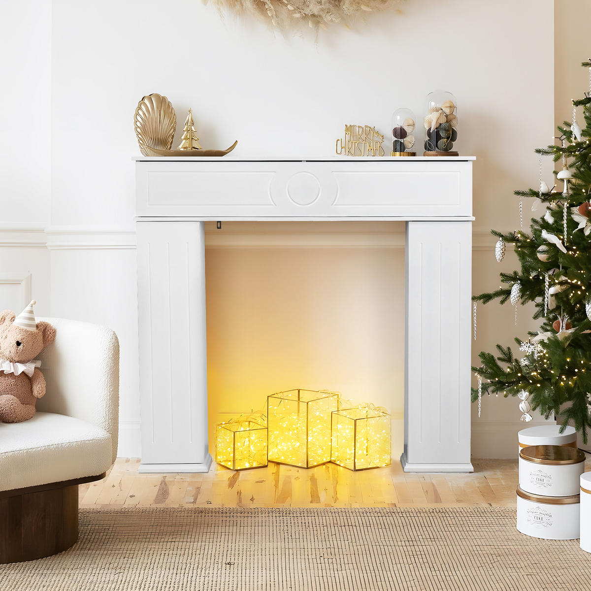 KAMINUMRANDUNG mit Stauraum 107x100 cm Kaminumrandung Holz Kaminrahmen - Weiß, Holz (18/100.4/107cm)