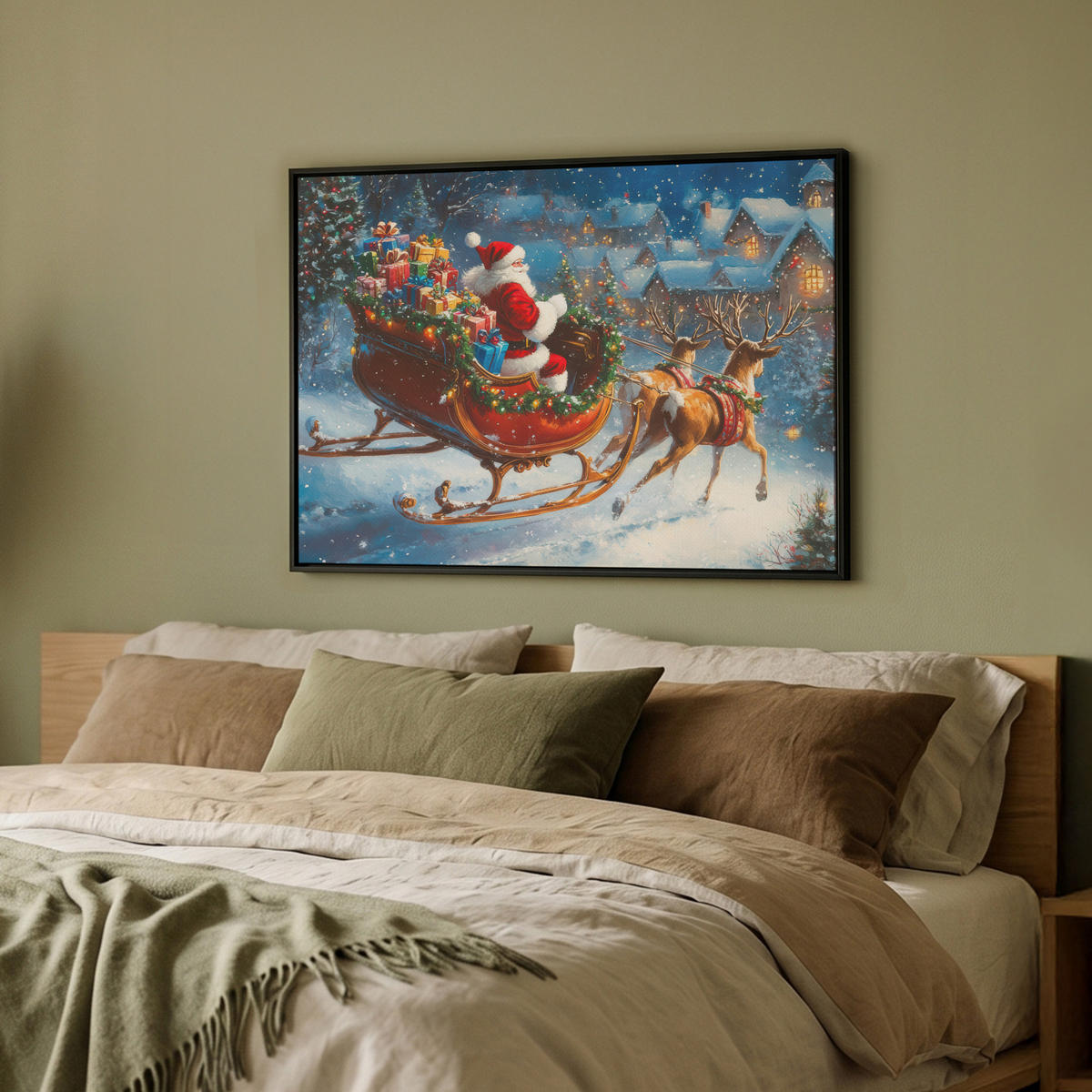 LEINWAND Bilder mit Rahmen - Weihnachtsmann - Rentier - Weihnachten - Schnee - 70x50 - Cognac, Textil (70/50cm) - MuchoWow
