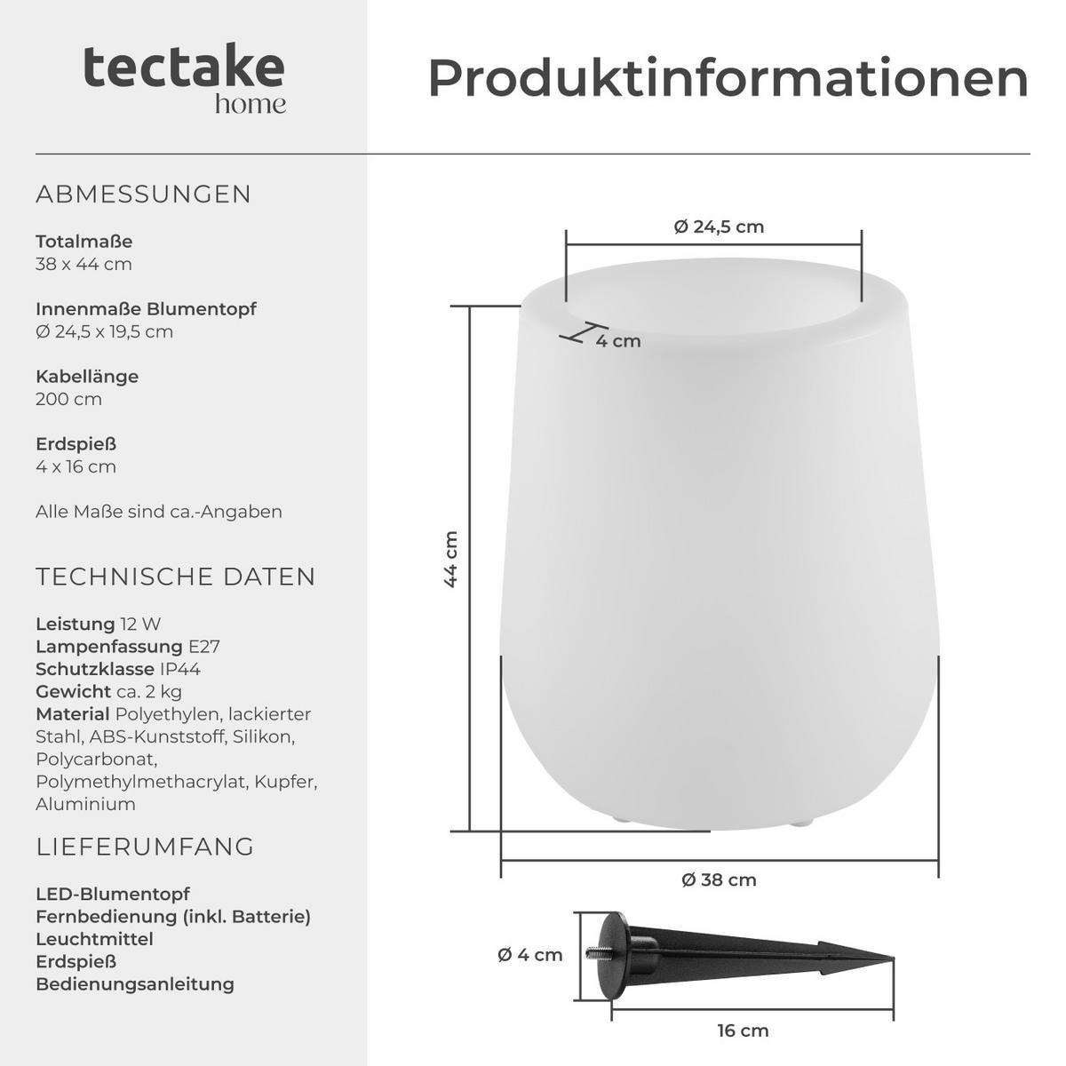 LED-BLUMENTOPF Luminous Courve Pot,38 x 44 cm, inkl. Erdspieß und 3 Standfüße,weiß - Weiß, Kunststoff (38/44/38cm) - tectake