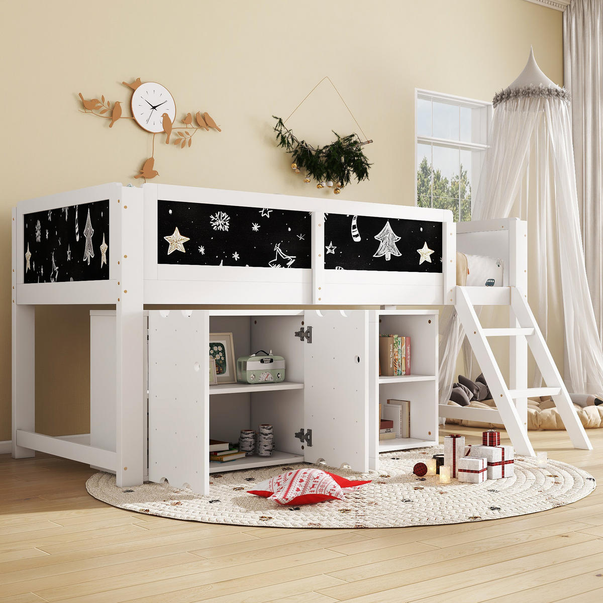 HOCHBETT 90/200 cm in Weiß & Schwarz mit Schrank, Tafel und Schrägleiter - Weiß, Holz/Holzwerkstoff (90/200cm) - CHICFURN