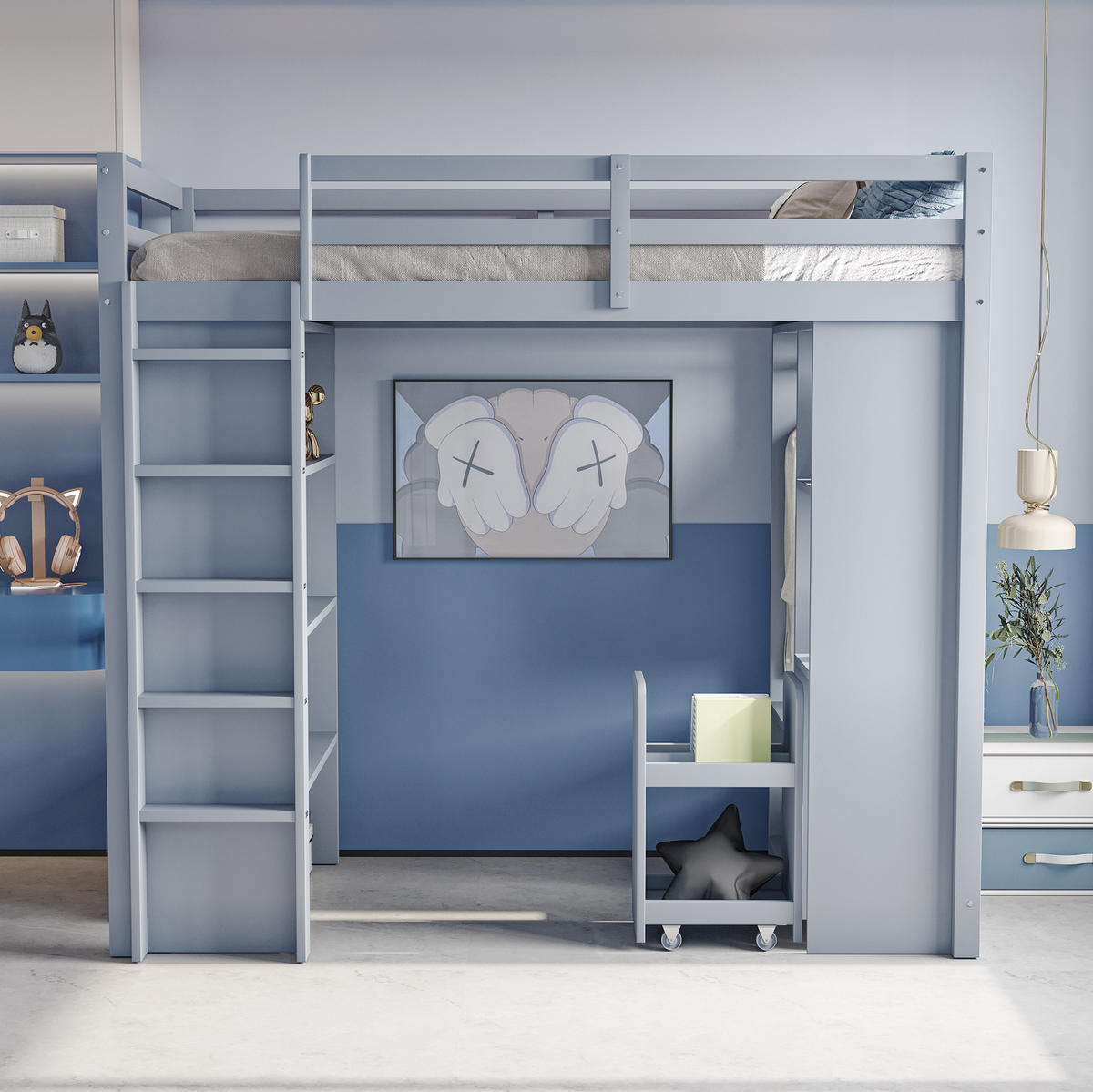 HOCHBETT aus 90x200 cm Grau mit Regalen, Kleiderstange und herausnehmbarem Rollwagen - Grau, Holzwerkstoff (90/190cm) - Modfu