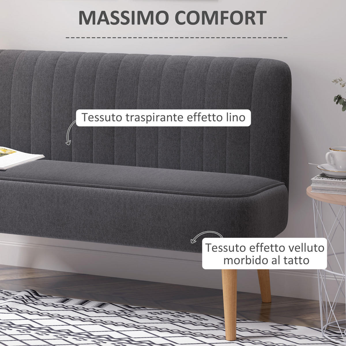 SOFA, 2-Sitzer, Leinenoptik, ohne Armlehnen, Holzbeine, dunkelgrau, 117x56,5x77cm - Multicolor, Holzwerkstoff (117/77/56.5cm) - FORIOUS