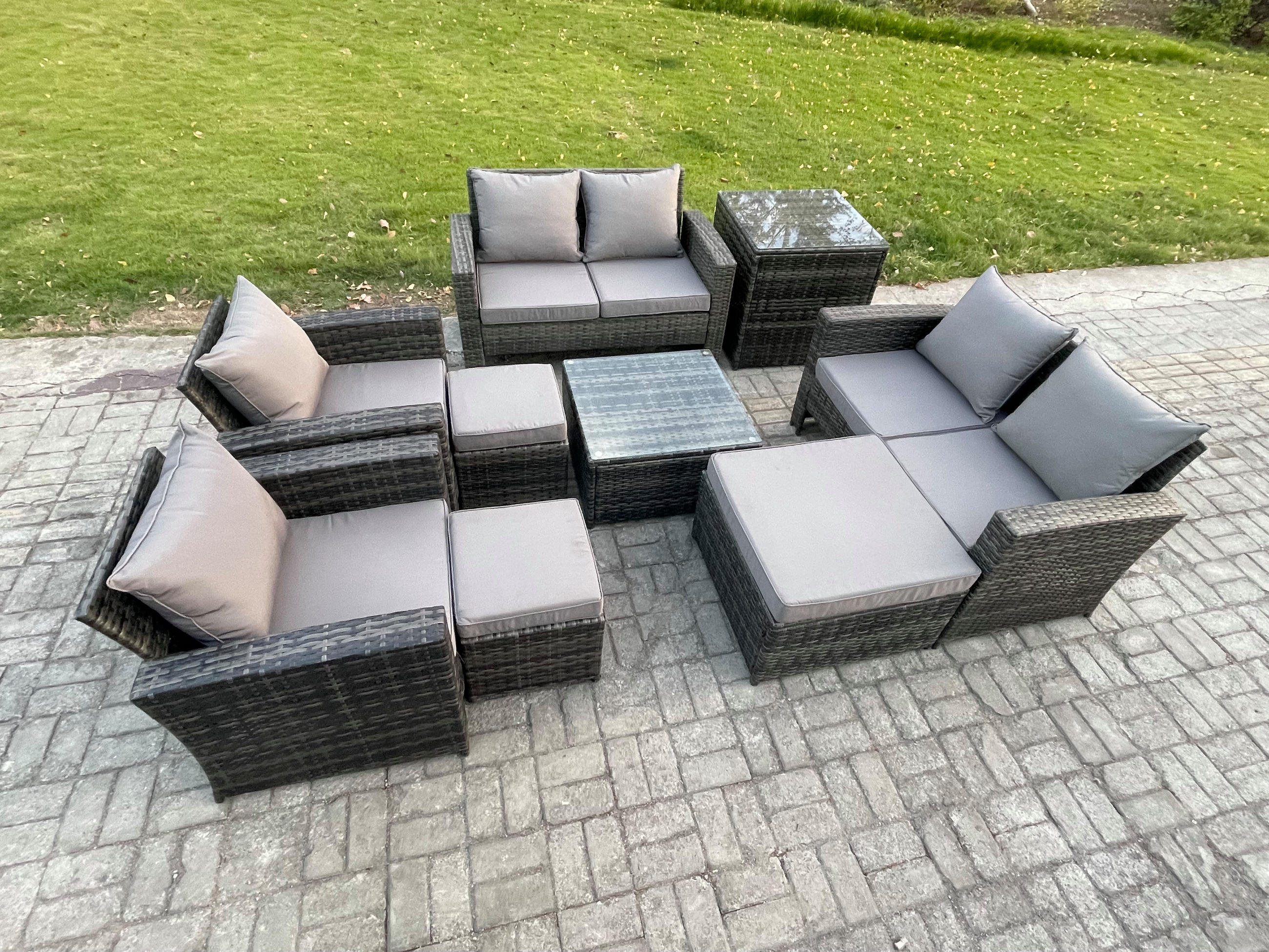 GARTENMÖBELSET Polyrattan Dunkelgrau 9-Sitzer - Dunkelgrau, Metall - Fimous