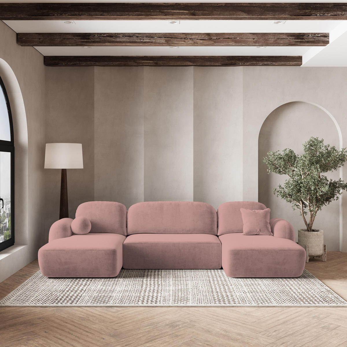 ROHOVÁ SEDAČKA SAVONA starorůžová - starorůžová/černá, dřevo/textil (320/148cm) - MASSENO