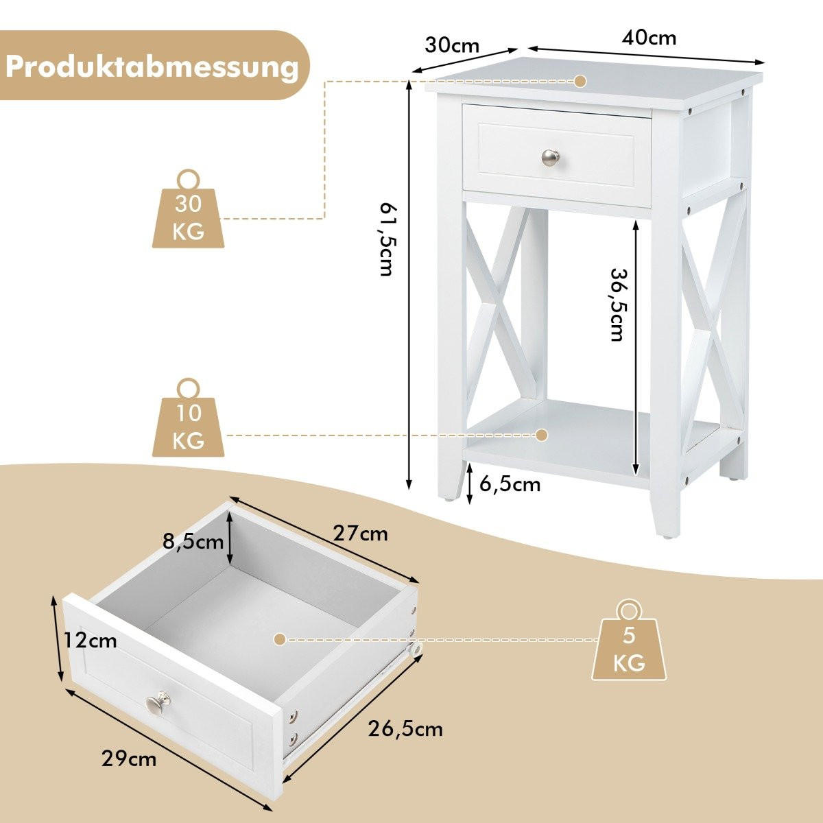 NACHTTISCH Weiß Holzwerkstoff 40/30/61.5 cm 2-teilig - Weiß, Holzwerkstoff (40/61.5/30cm) - Gemütlich Home