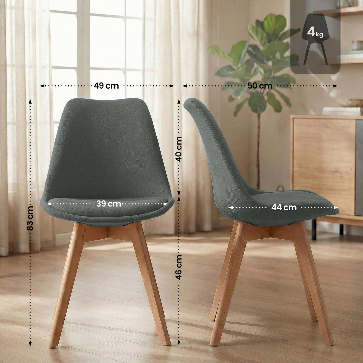 STUHL Stoff Dunkelgrau - Eukalyptusholzfarben/Dunkelgrau, Holz/Textil (49/83/50cm) - CLP