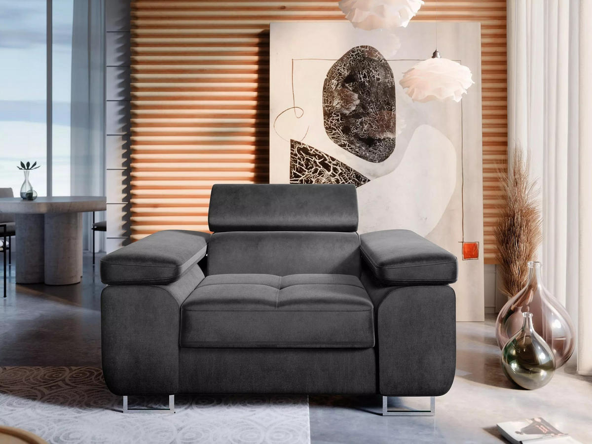 SESSEL WILD mit verstellbare Kopfstütze Velours Dunkelgrau - Chromfarben/Dunkelgrau, Holz/Textil (138/100/101cm) - Muffo