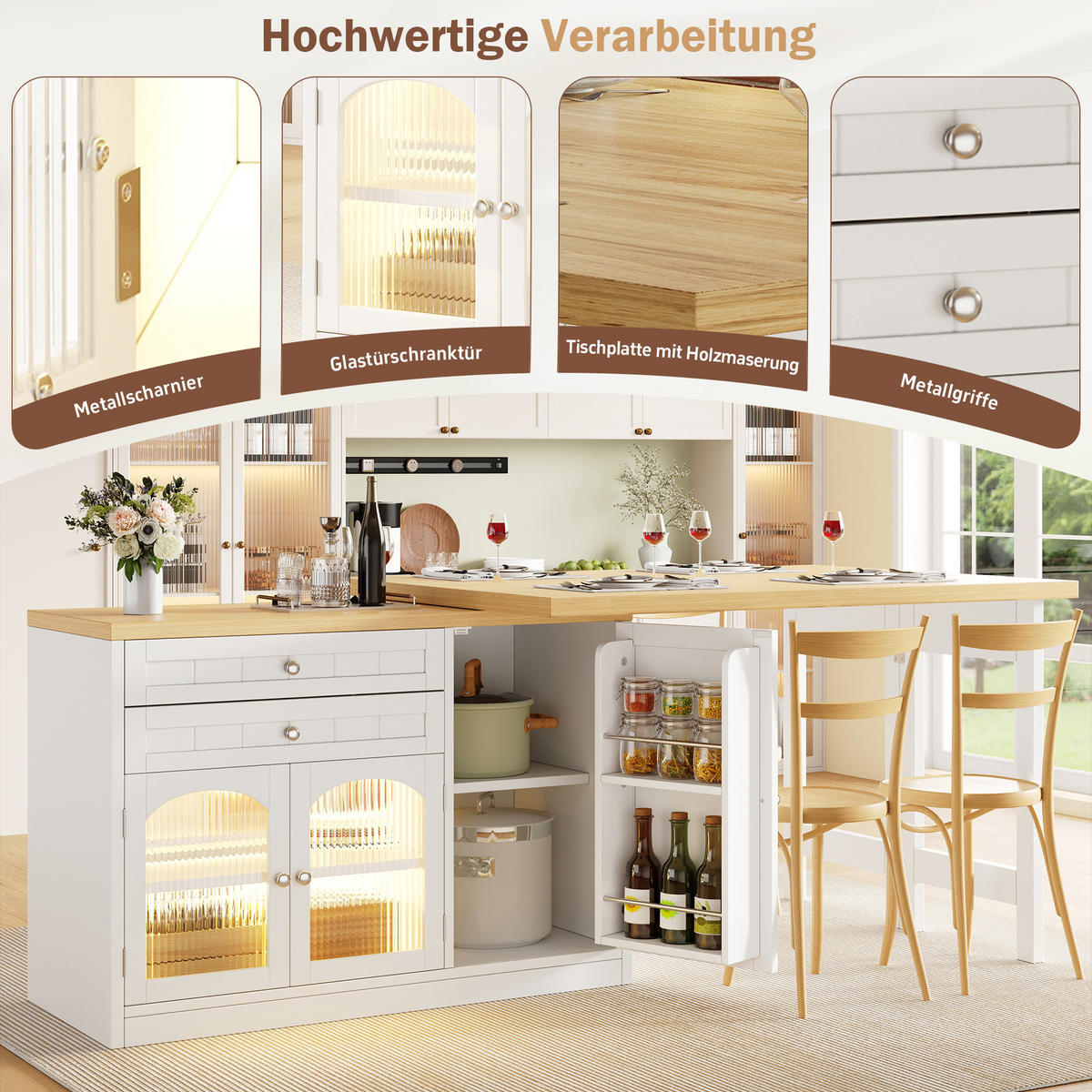 KÜCHENINSEL Ausziehbar 120 194cm 360° Drehbar Glastüren Weiß Schwarz - Weiß, Metall (120/73.5/40cm) - FLIEKS