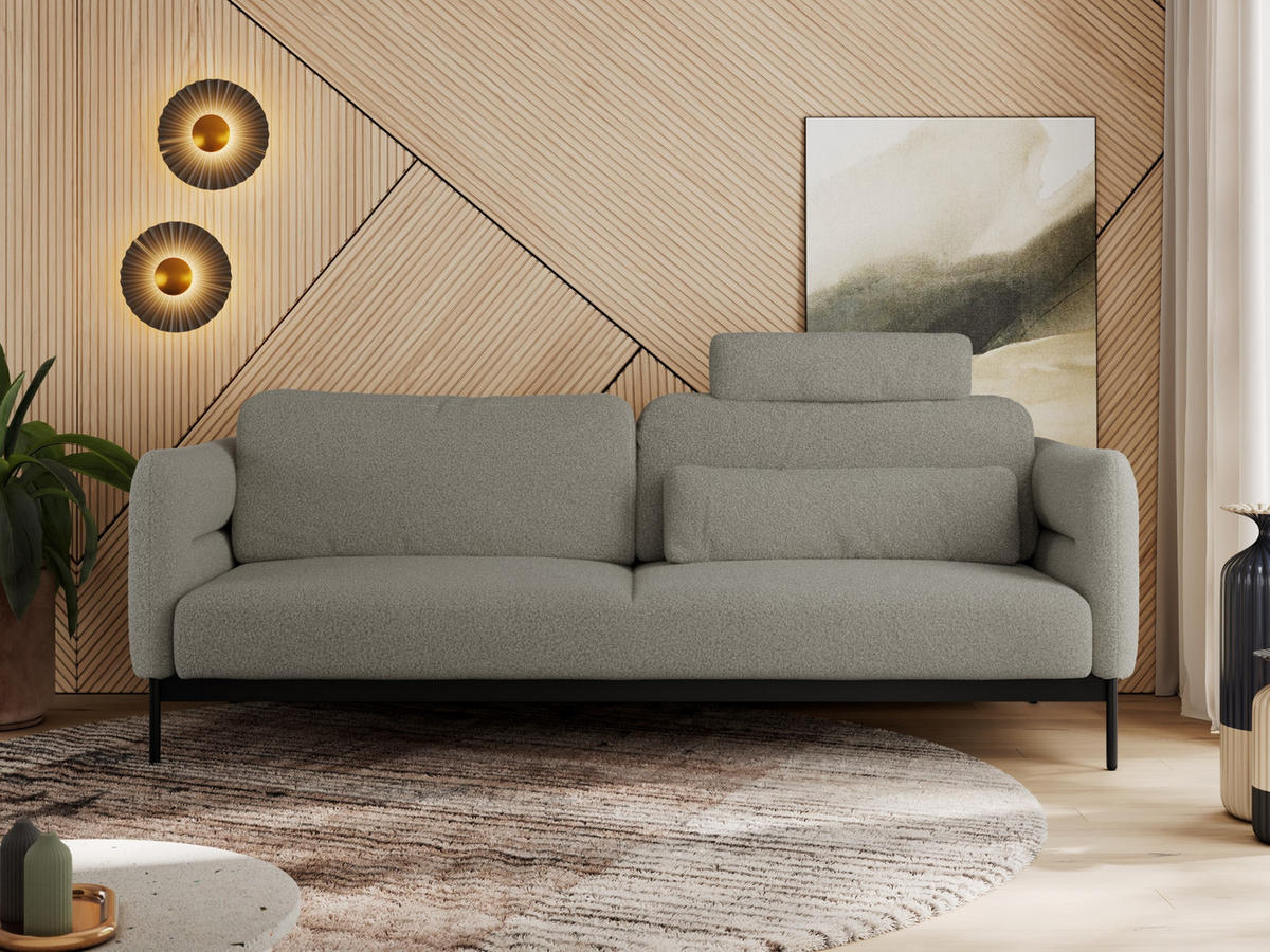 SOFA SALENTO Hellgrau Boucle - Hellgrau/Schwarz, Textil/Metall (221/82/101cm) - MKS
