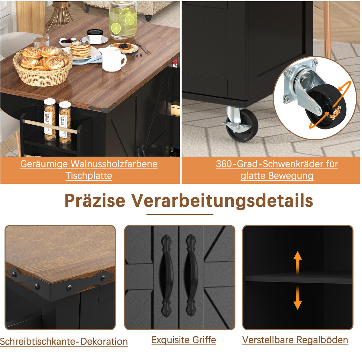 KÜCHENINSEL mit klappbarer Arbeitsplatte & Rollen, 140/45/73/92,5 cm, Schwarz - Schwarz, Holzwerkstoff (140/92.5/45cm) - Redom