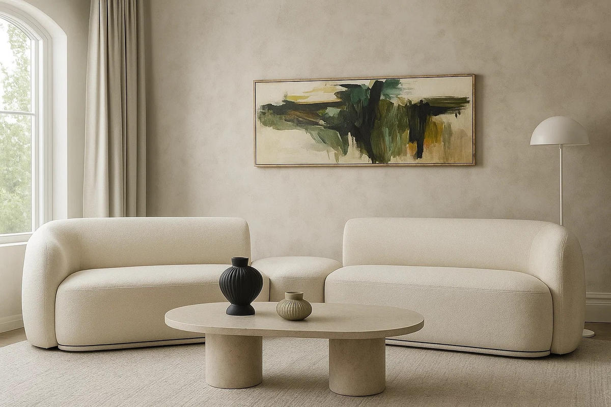 SOFA Nobis Beige, Modulares Sofa mit abgerundeten Seiten und Dreieckspouffe - Beige, Holzwerkstoff/Textil (357/75/97cm) - Bettso