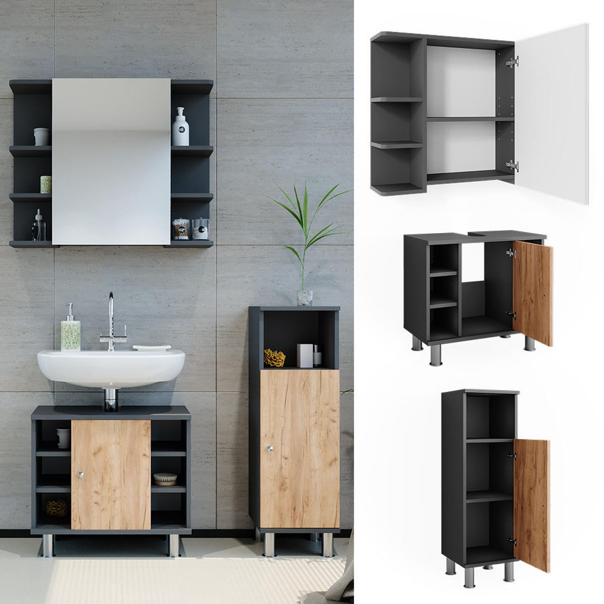 BADMÖBEL-SET Fynn Anthrazit/Goldkraft Eiche 3 Teile mit Midischrank - Honigeiche/Anthrazit, Holzwerkstoff (60/54/32cm) - Vicco