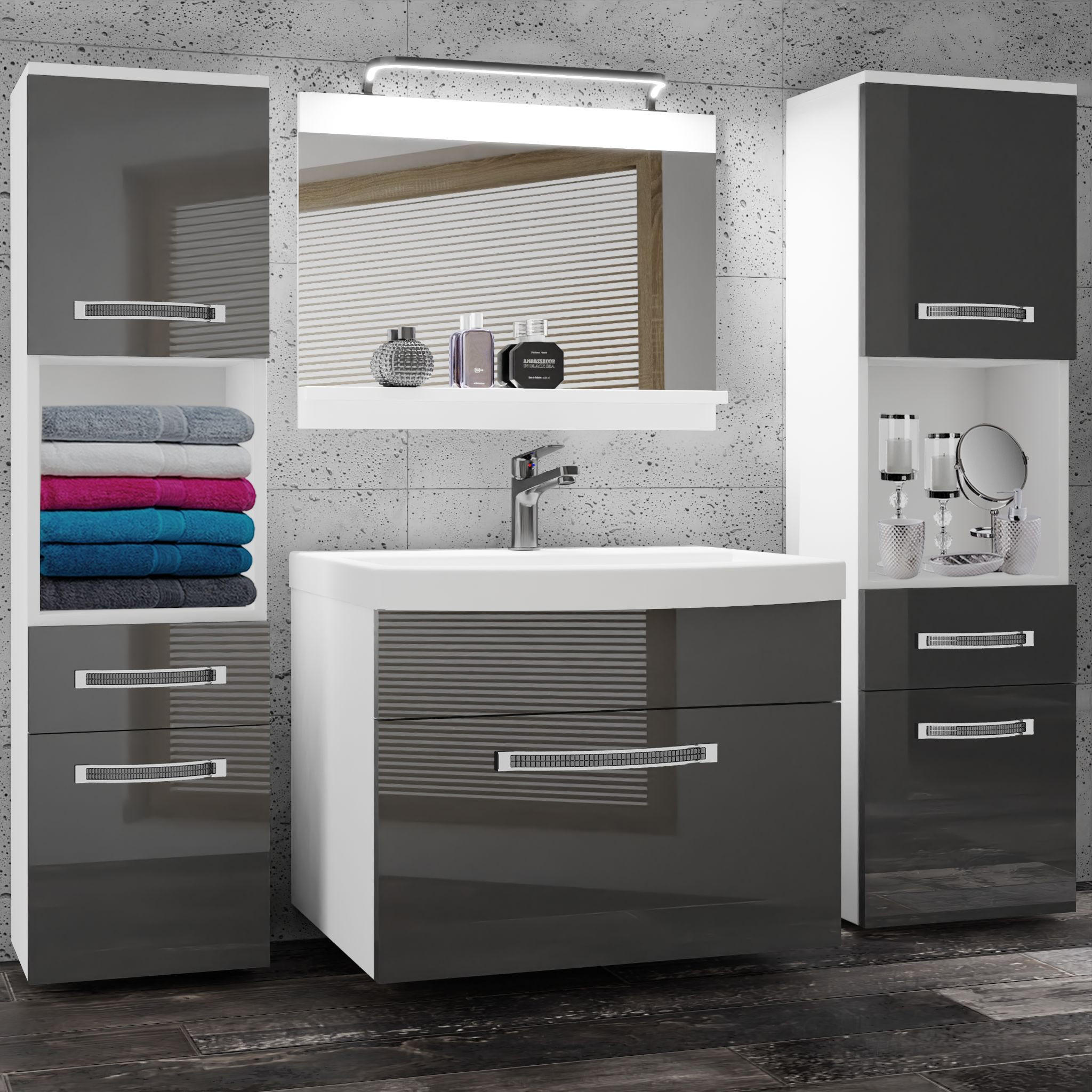 BADMÖBEL Badezimmer Grau Glänzend - Hellgrau, Holz (140/113/40cm) - B BELINI GROUP