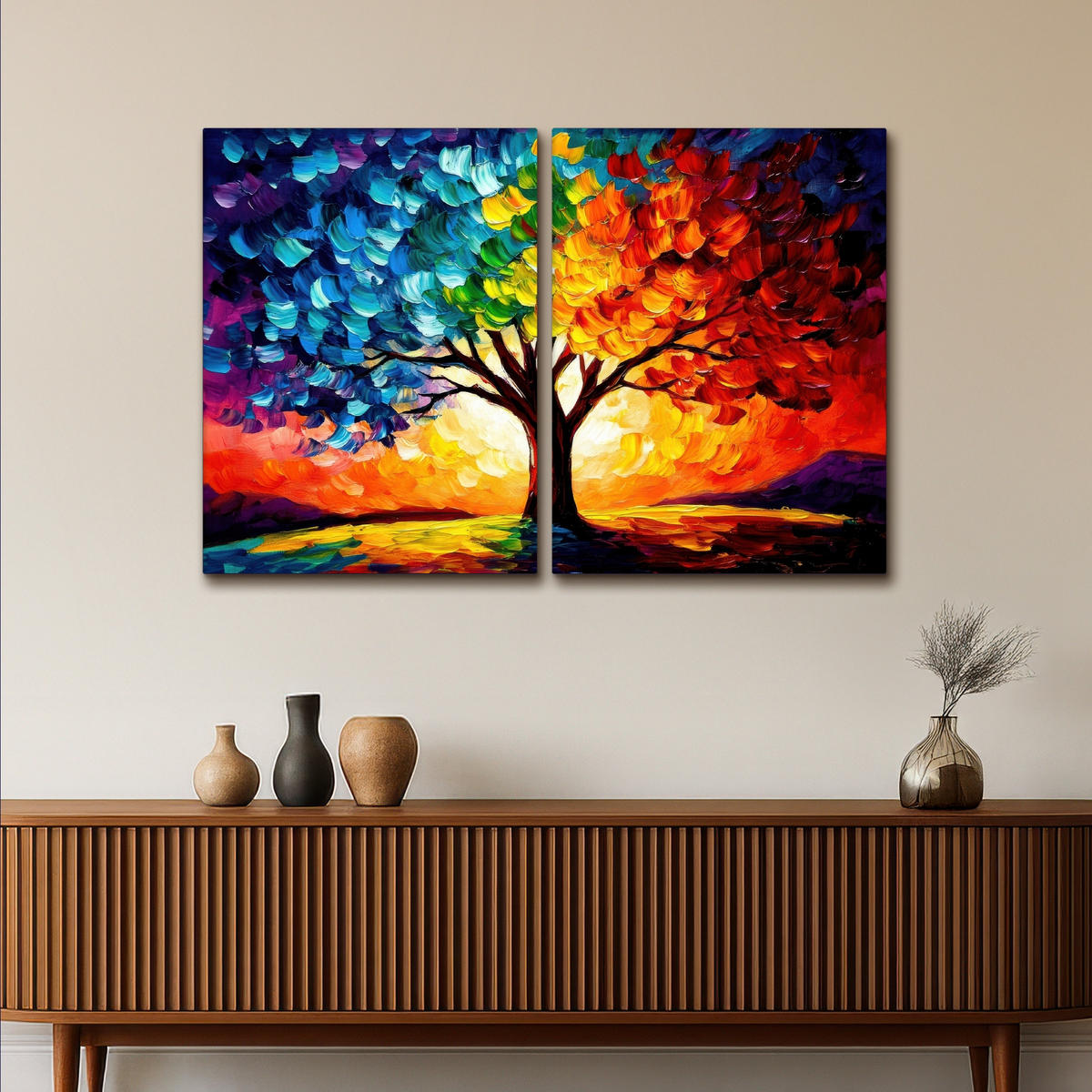 LEINWANDBILD 2er Set Baum - Farbenfroh - Malerei-Look - Abstrakt 100x70 cm - Multicolor, Textil (100/70cm) - MuchoWow