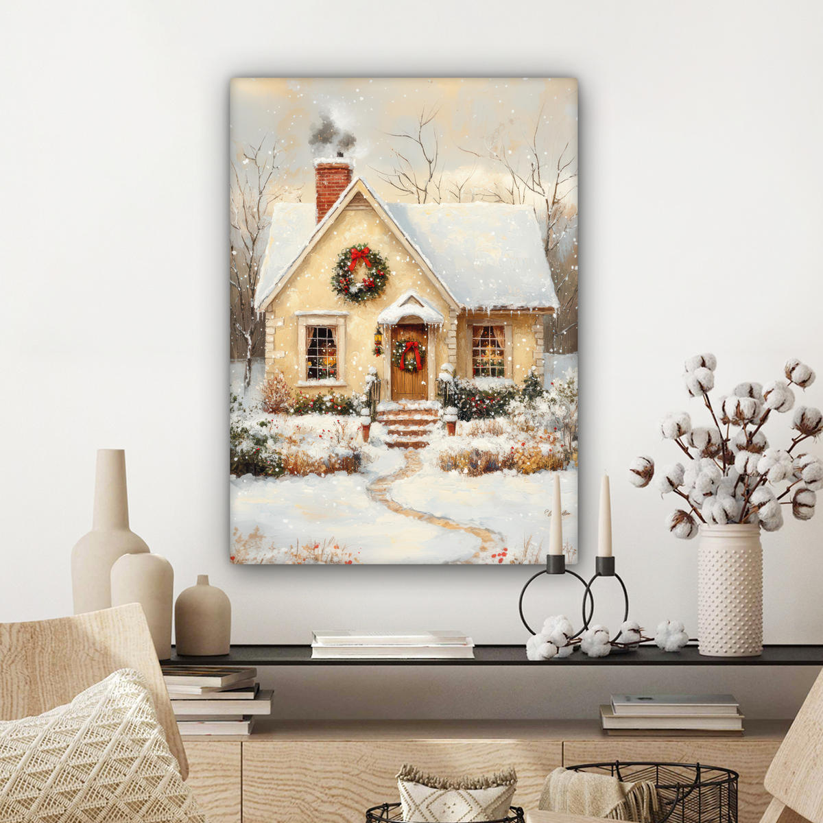 LEINWANDBILD Weihnachten - Zuhause - Winter - Schnee Wandbild Wohnzimmer 60x80 cm - Creme, Textil (60/80cm) - MuchoWow