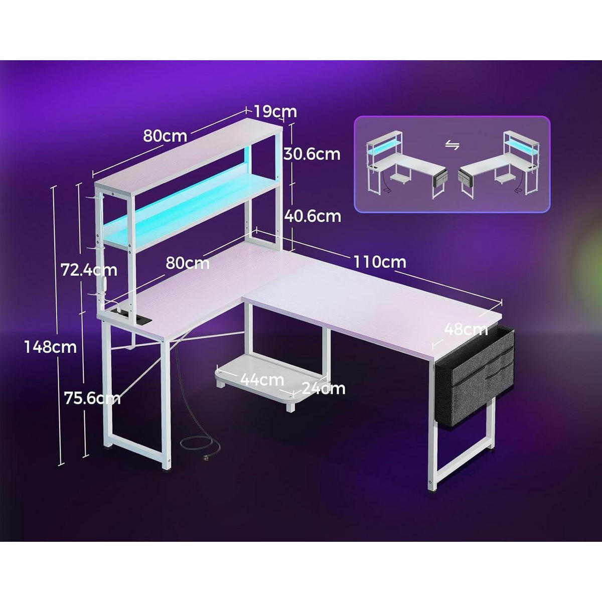 GAMING Tisch L-Form mit LED und Steckdosen Weiß 110 x 80 cm - Weiß, Holzwerkstoff (80/110/75.6cm)