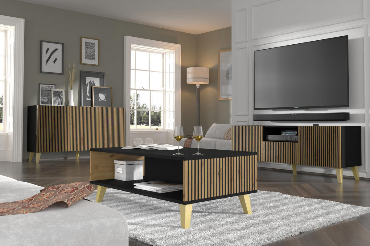 TV LOWBOARD Schwarz, Artisan-Schwarz, Gold 150/56/42 - Schwarz, Holzwerkstoff (150/56/42cm) - RAUMHIRSCH FURNITURE