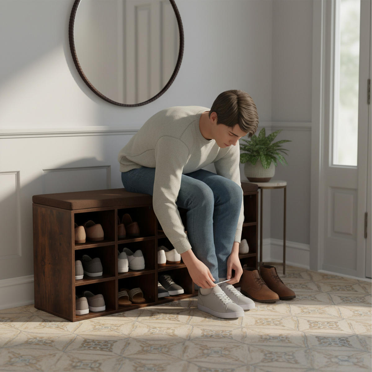 SCHUHBANK - Dunkelbraun, Holzwerkstoff/Textil (105/48/30cm) - Relaxdays