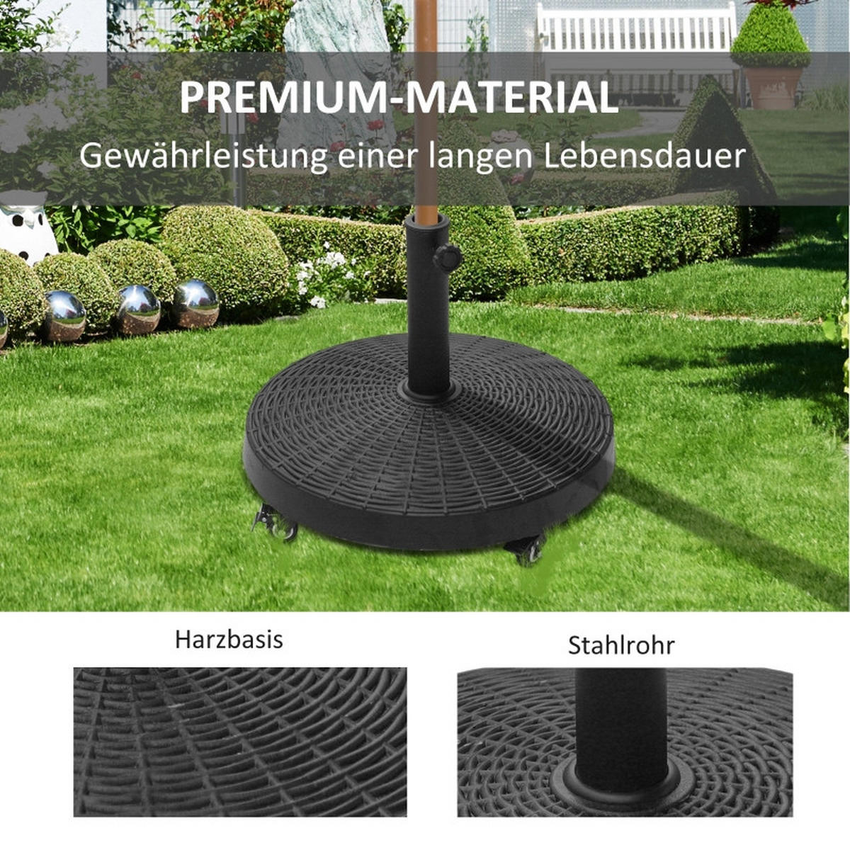 SONNENSCHIRMSTÄNDER 25 kg Rollen Rattanoptik - Schwarz, Metall (52/52cm) - Fortuna Lai