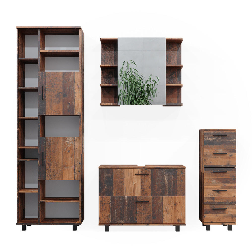 BADMÖBEL-SET Ilias Eiche rustikal 4 Teile, mit Hochschrank - Wildeiche, Holzwerkstoff (80.2/60.8/33cm) - Vicco
