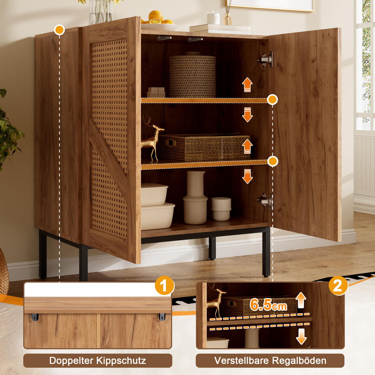 SIDEBOARD Holzoptik mit PE-Rattan 2 Türen 2 Verstellbare Böden Metallbeine - Naturfarben, Holzwerkstoff (70/80/38.5cm) - Urban Meuble