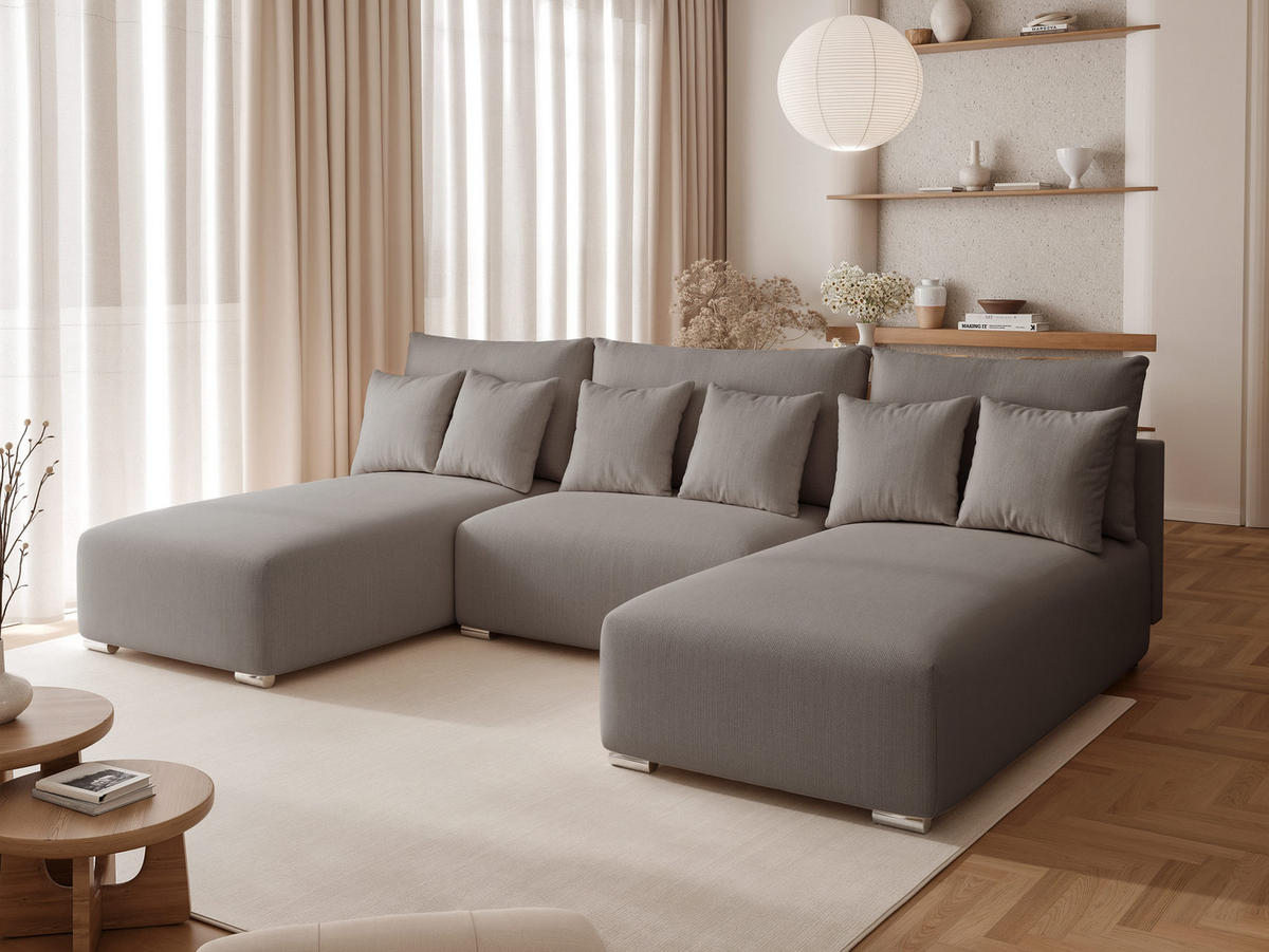 WOHNLANDSCHAFT ELVO mit Schlaffunktion und Bettkasten Grau - Grau, Holzwerkstoff/Kunststoff (300/91/190cm) - Idohome