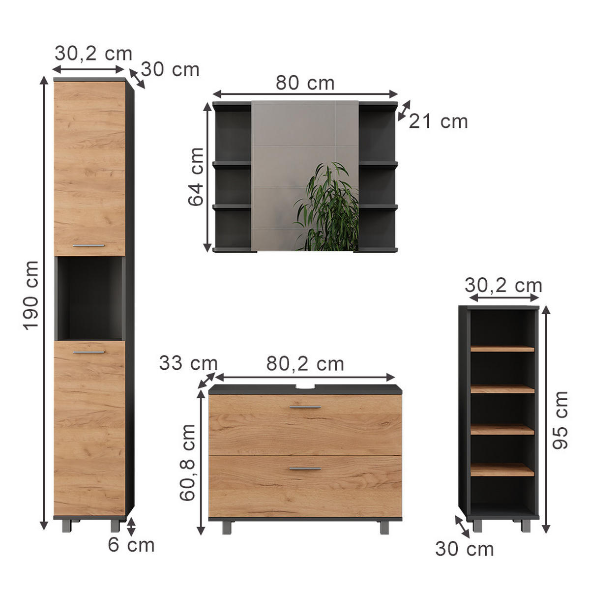 KOUPELNOVÝ NÁBYTEK Ilias Zlatý dub power/antracit - medově dubová, kompozitní dřevo (80.2/60.8/33cm) - Vicco