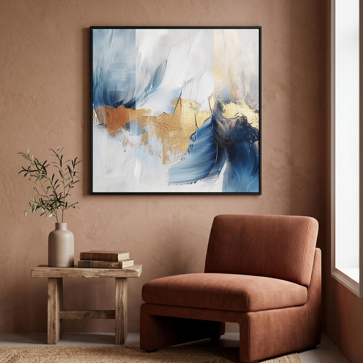 LEINWAND Bilder mit Rahmen - Gold - Blau - Aquarell - Kunst - Modern - 90x90 - Hellblau, Textil (90/90cm) - MuchoWow