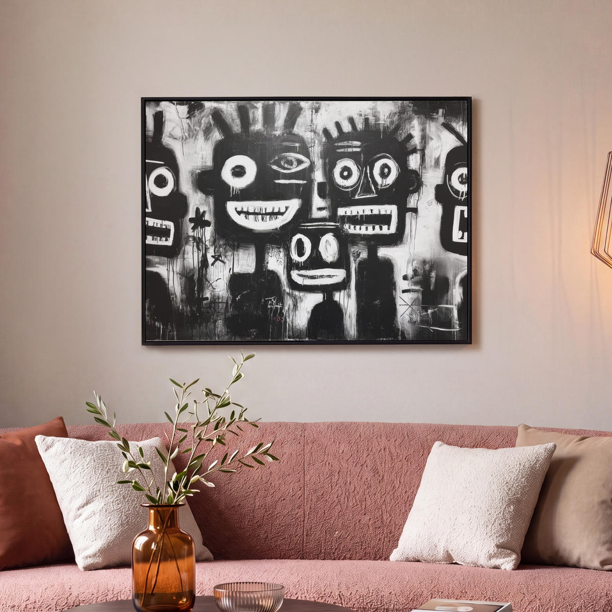 LEINWAND Bilder mit Rahmen - Malerei - Figuren - Schwarz - Abstrakt - 80x60 - Schwarz, Textil (80/60cm) - MuchoWow