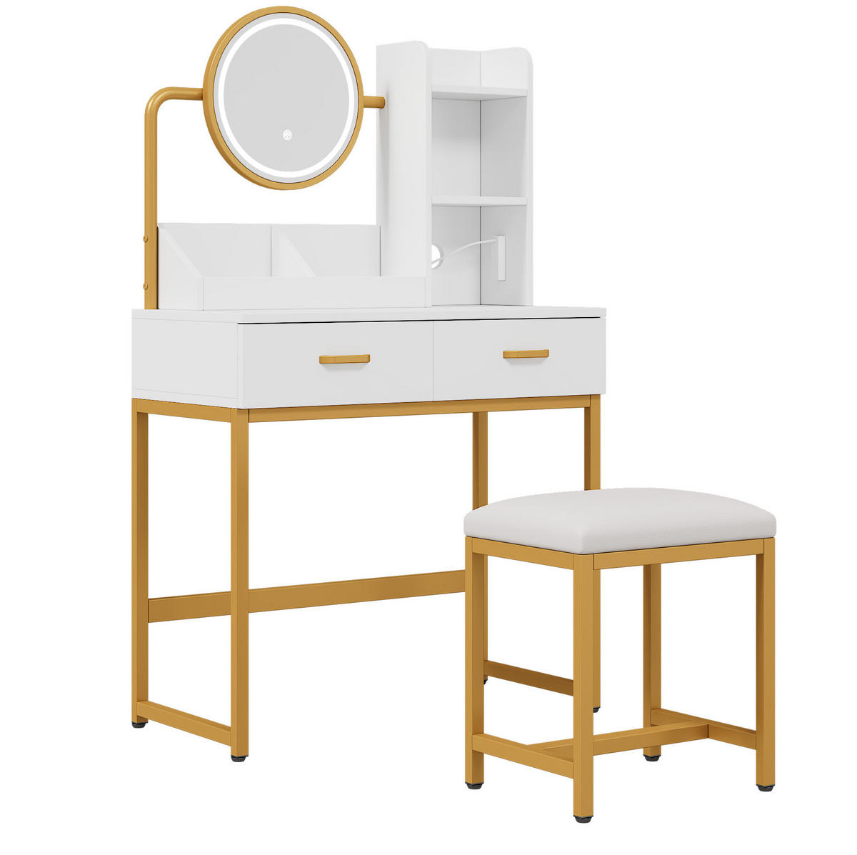 SCHMINKTISCH in Weiß Frisiertisch mit LED-Spiegel, Steckdosen, Hocker & Goldbeinen, 2 Schubladen, für Schlafzimmer, B138.5/T40/H80cm - Goldfarben/Weiß, Holzwerkstoff/Metall (80/138.5/40cm) - STILVORA