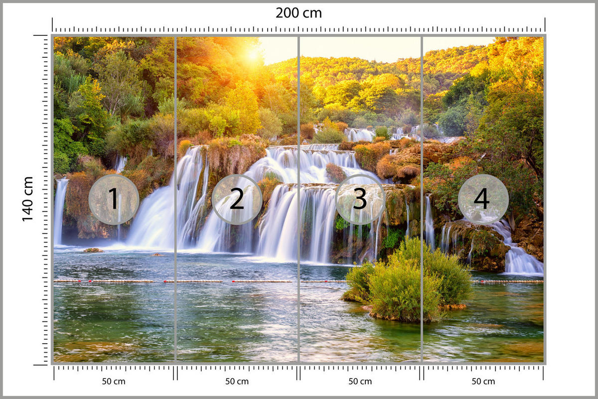 FOTOTAPETE für Esszimmer Wasserfall Sonnenaufgang Morgenlicht Bäume 200x140 - Gelb/Beige, Papier (200/140cm) - Muralo