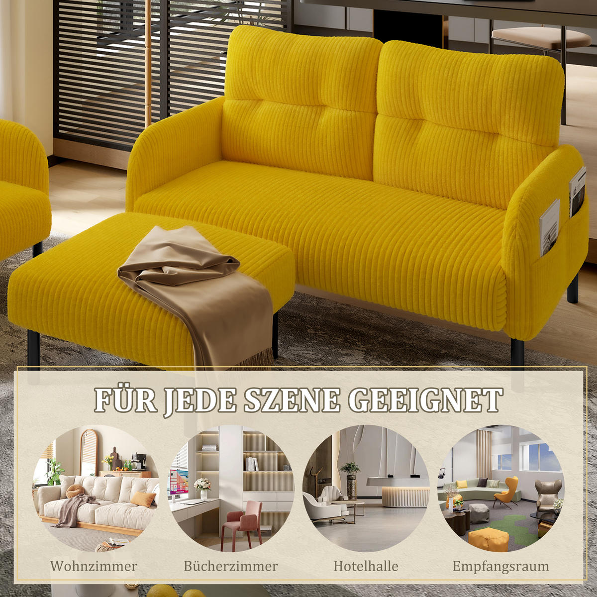 SOFA Set, 2-Sitzer+Sessel+Hocker, Cord, Gelb - Gelb/Schwarz, Textil/Metall (120/79/75cm) - LVHOM