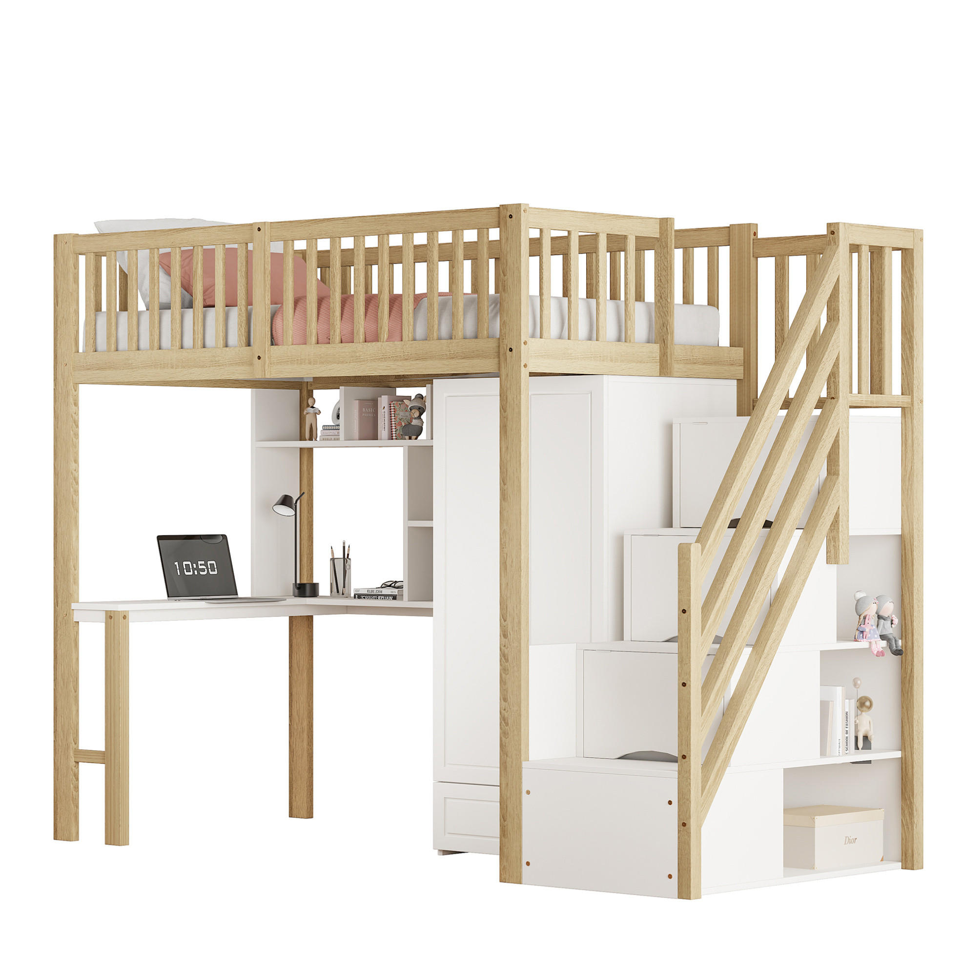 VYVÝŠENÁ posteľ, 90/200 cm masívne drevo biela/prírodná, so skriňou, stolom a schodmi so zásuvkami - prírodná farba, drevo (90/200cm) - BEAOK